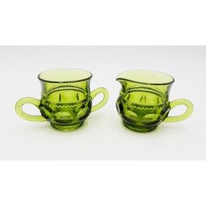 Indiana Glass Avocado Kings Crown Thumbprint Avocado Creamer and Sugar Set Green